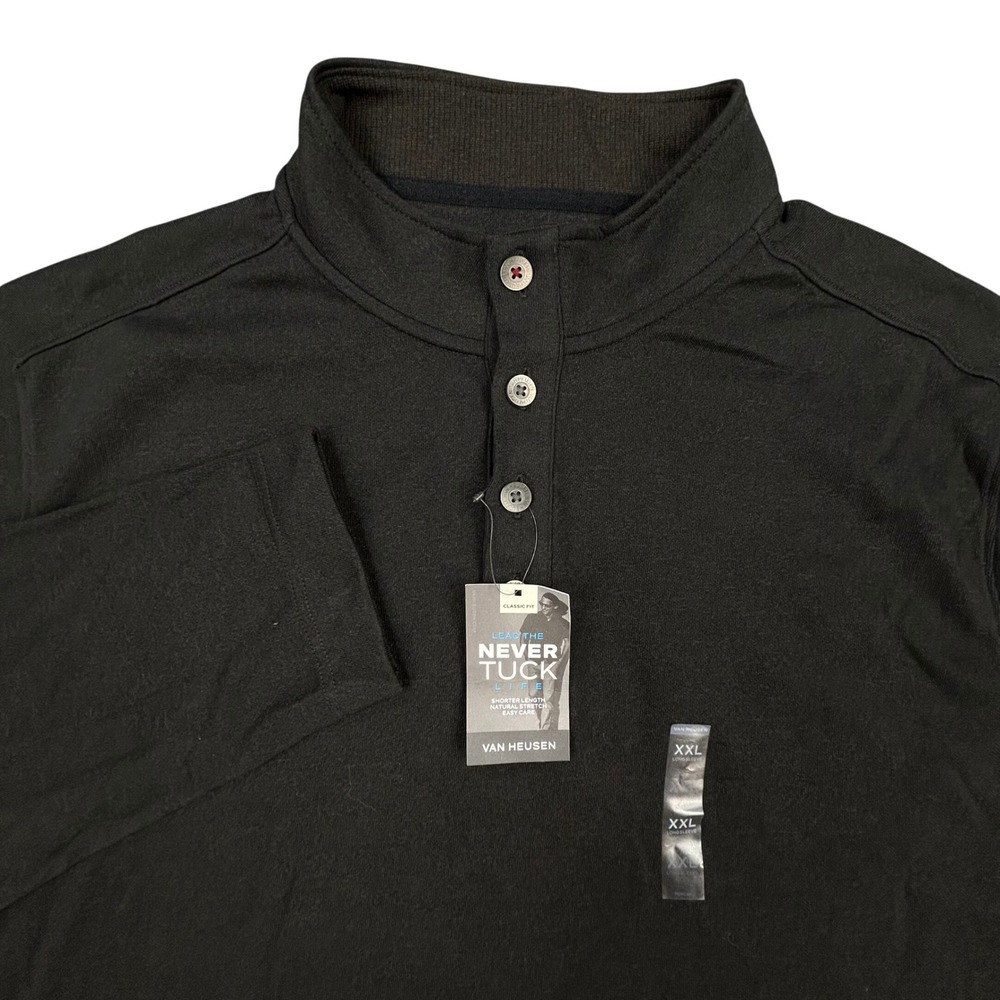 Van Heusen Never Tuck Mock Neck Shirt Mens 2XL Black Button Long Sleeve Shirt